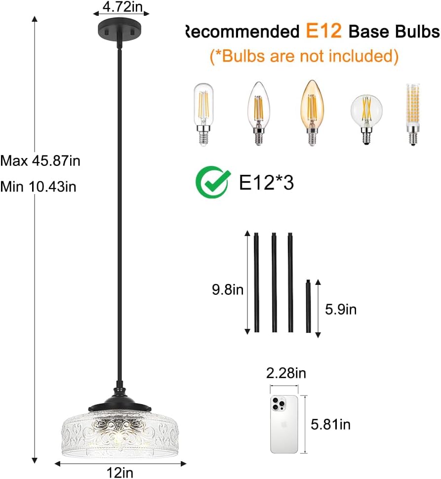 Black Glass 3-Light Farmhouse Pendant Light
