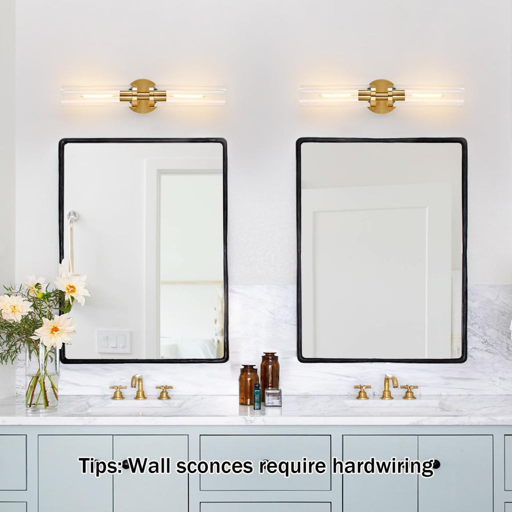 Brushed Gold Clear Glass Bathroom Wall Sconces 2 Pack