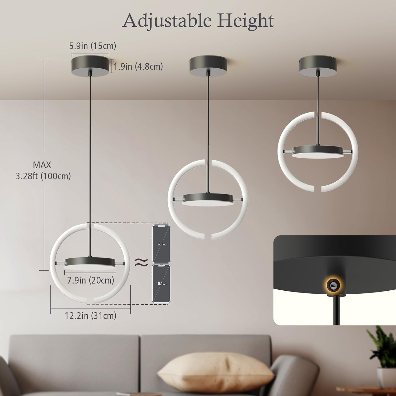 Black Dimmable Saturn Ring Pendant Light