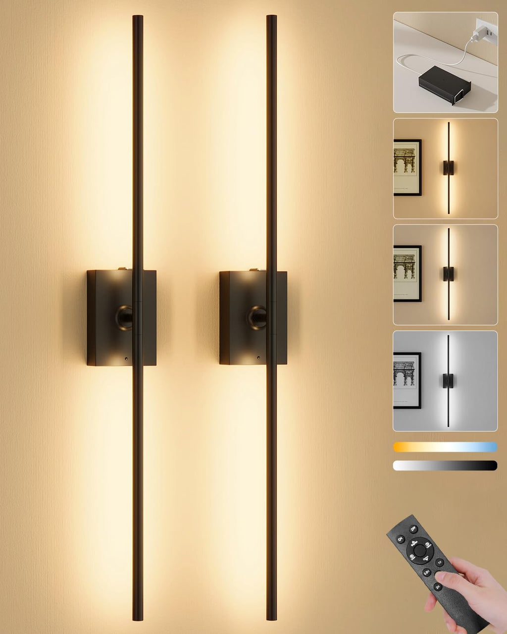 Black Rotatable Rechargeable Wall Sconces 2 Pack