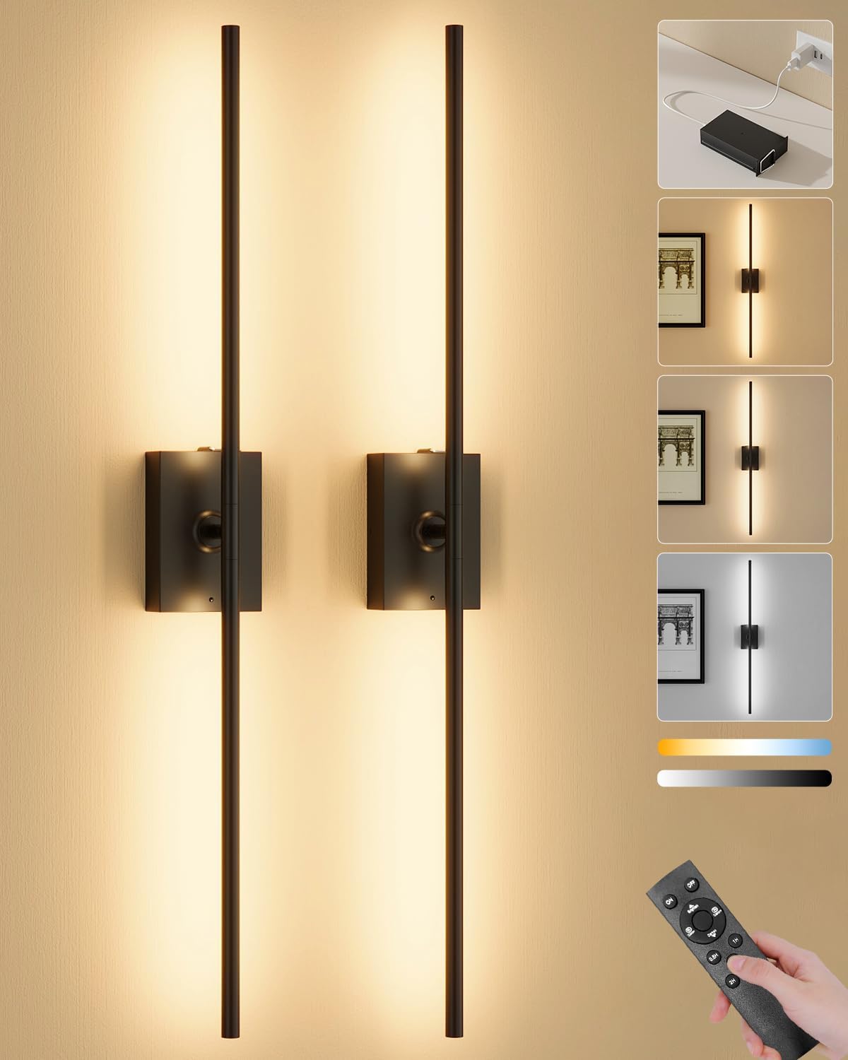Black Rotatable Rechargeable Wall Sconces 2 Pack