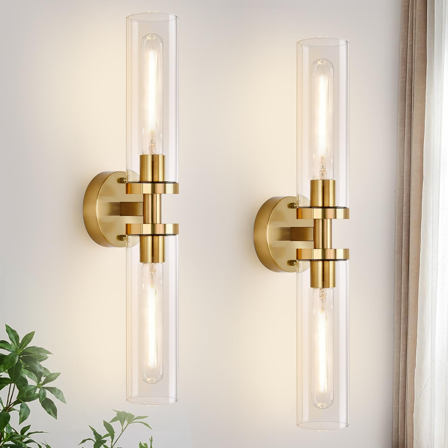 Brushed Gold Clear Glass Bathroom Wall Sconces 2 Pack