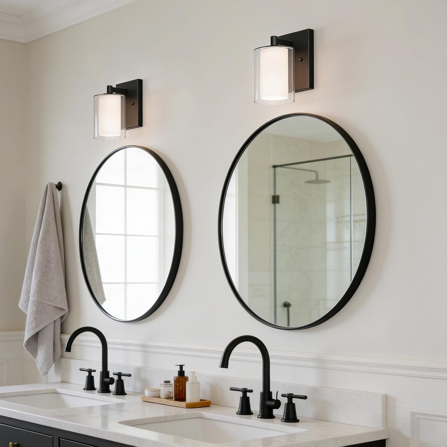 Matte Black Double Glass Bathroom Wall Sconces 2 Pack