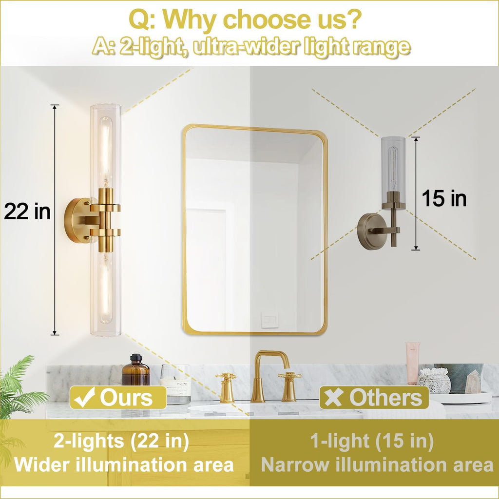 Brushed Gold Clear Glass Bathroom Wall Sconces 2 Pack