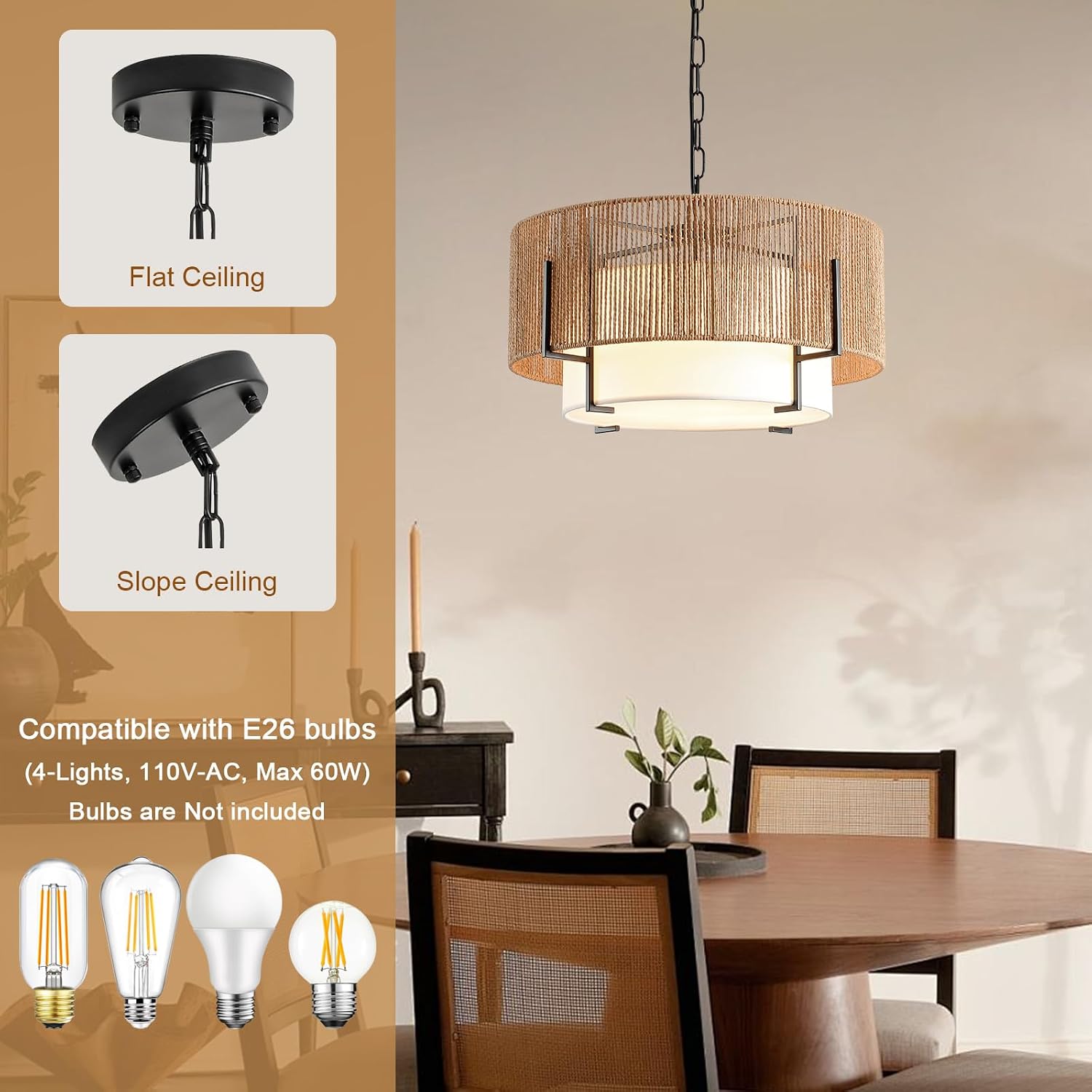 Rattan Boho 4-Light Chandelier