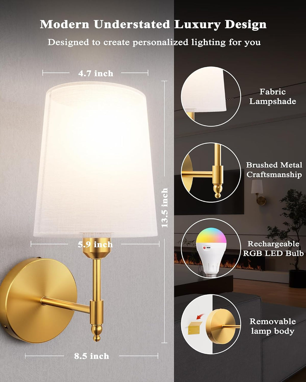 Gold RGB Rechargeable Wall Sconces 2 Pack
