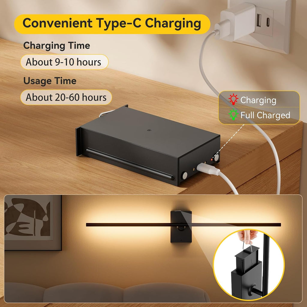 Black Rotatable Rechargeable Wall Sconces 2 Pack