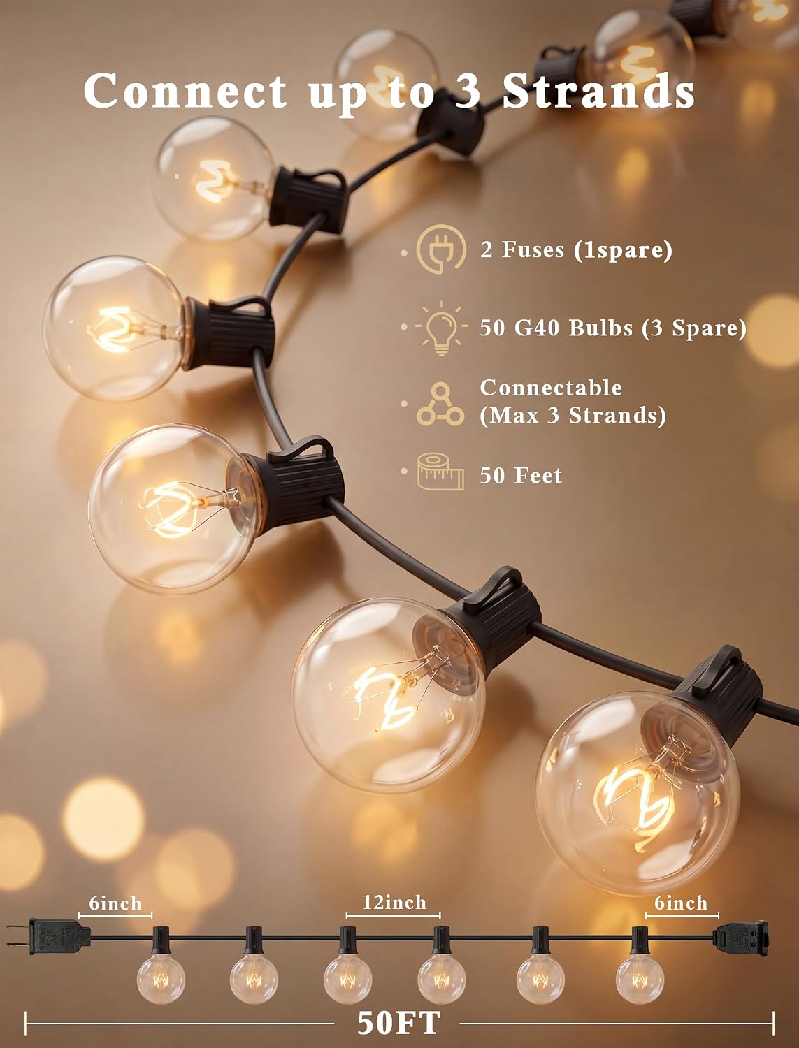 Black Waterproof G40 Globe String Lights 50FT