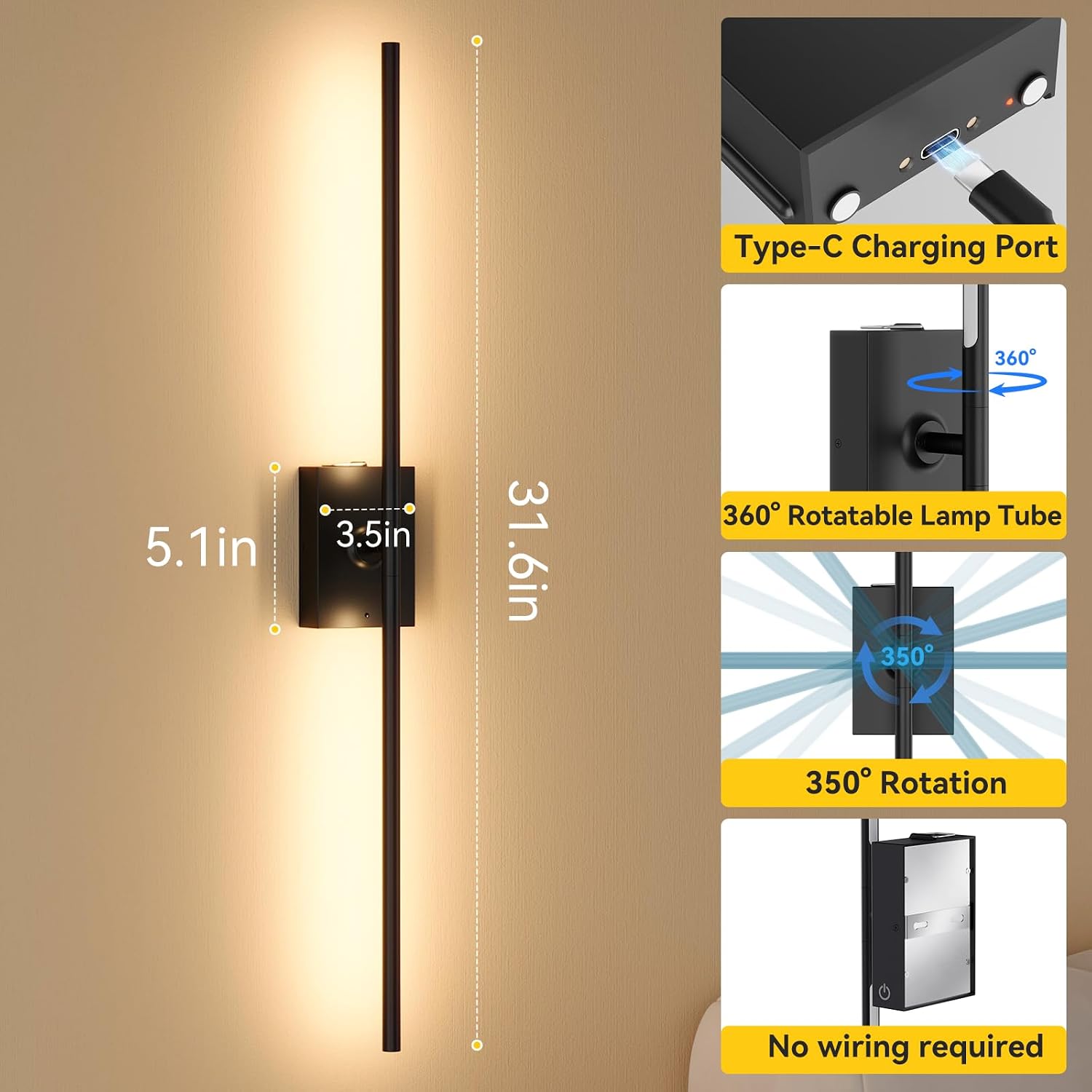 Black Rotatable Rechargeable Wall Sconces 2 Pack