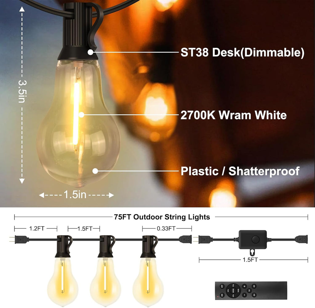 75FT Remote Dimmable Commercial Patio String Lights