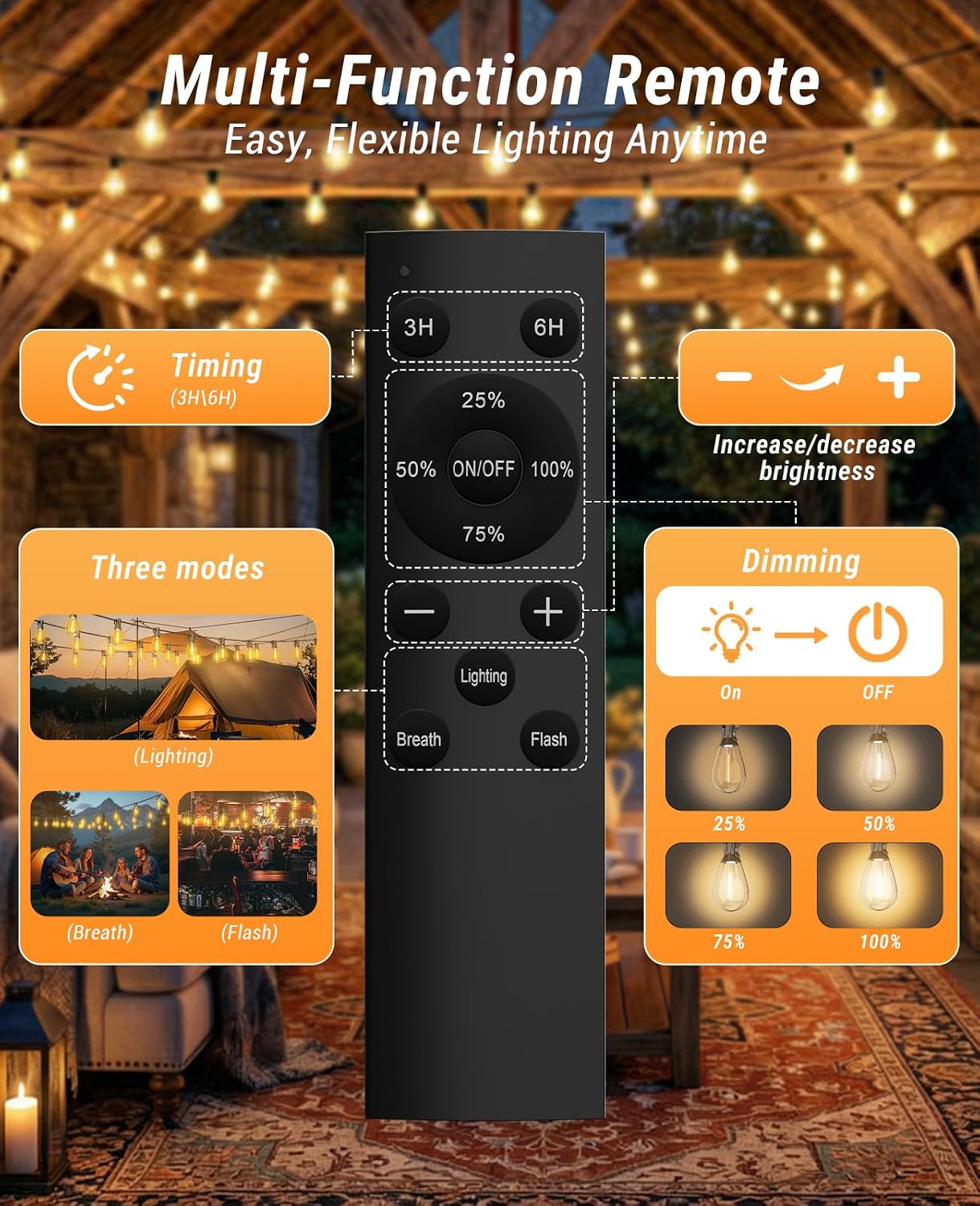 200FT Remote Dimmable Timing Outdoor Patio String Lights