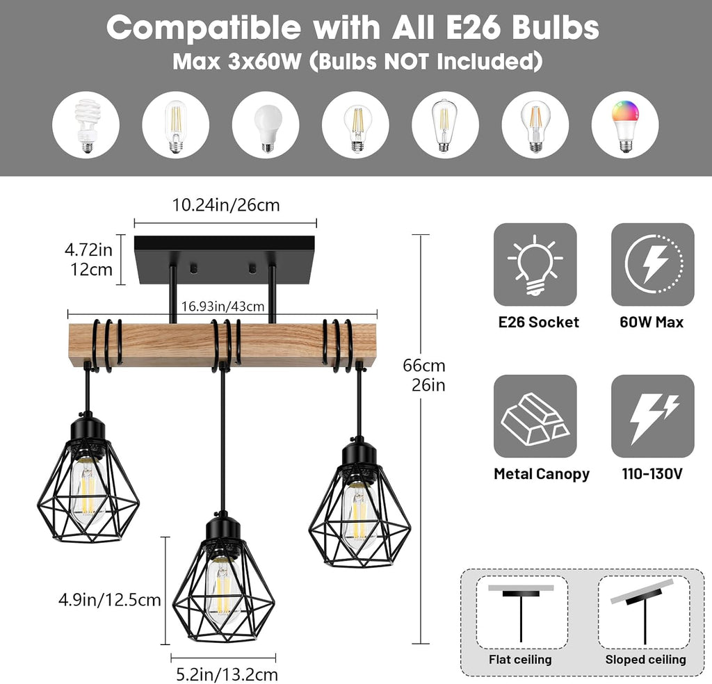 Wood Metal Farmhouse Pendant Light Fixture