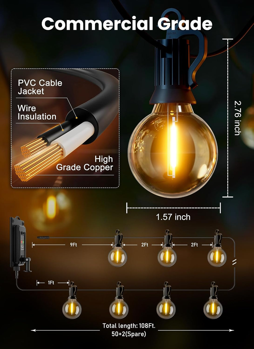 108FT Solar Remote Dimmable Patio String Lights
