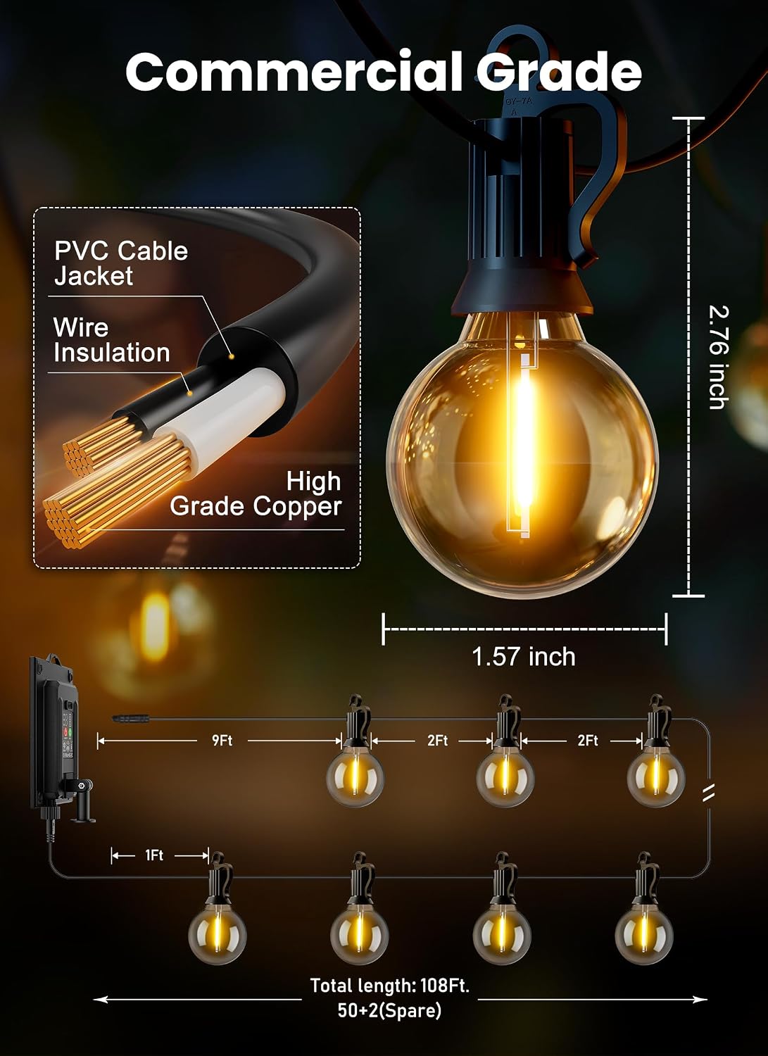 108FT Solar Remote Dimmable Patio String Lights