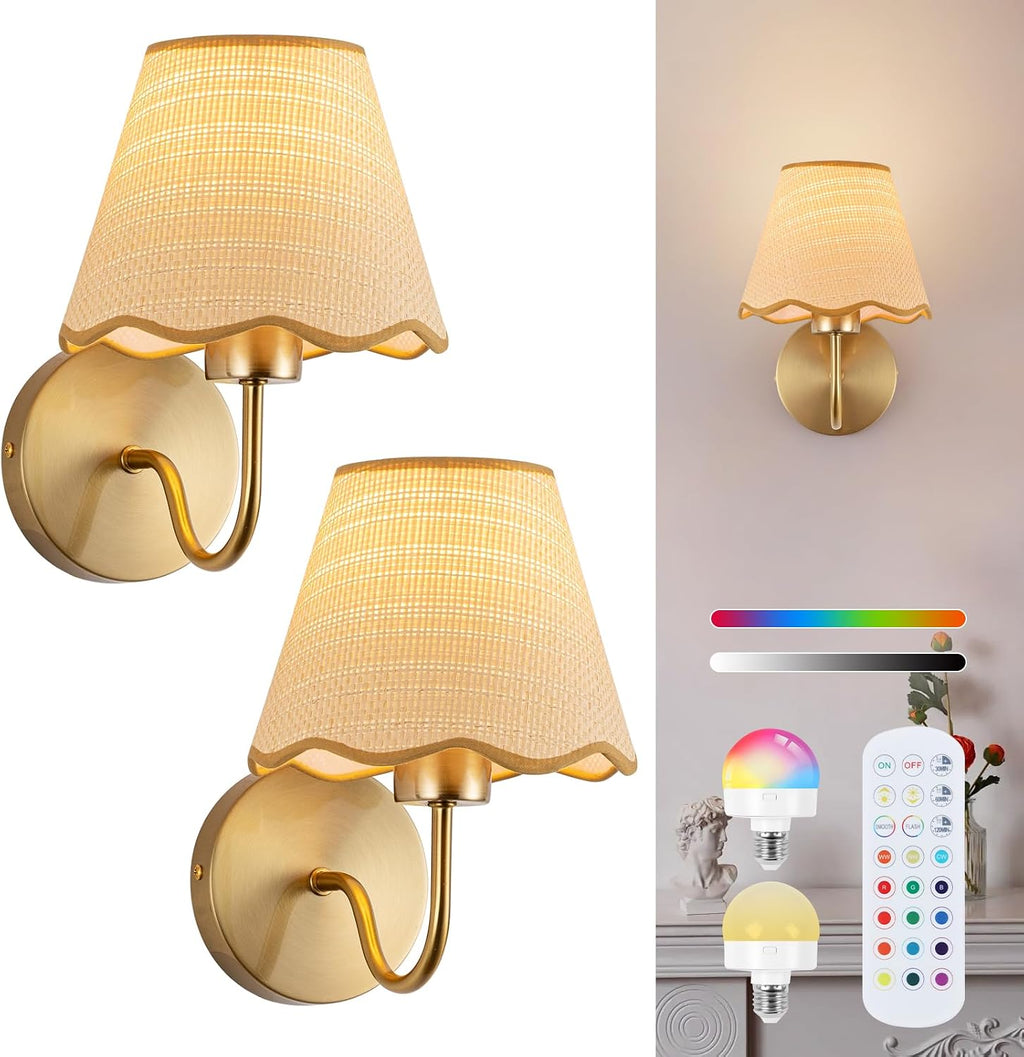 Gold Rattan Rechargeable Wall Sconces 2 Pack
