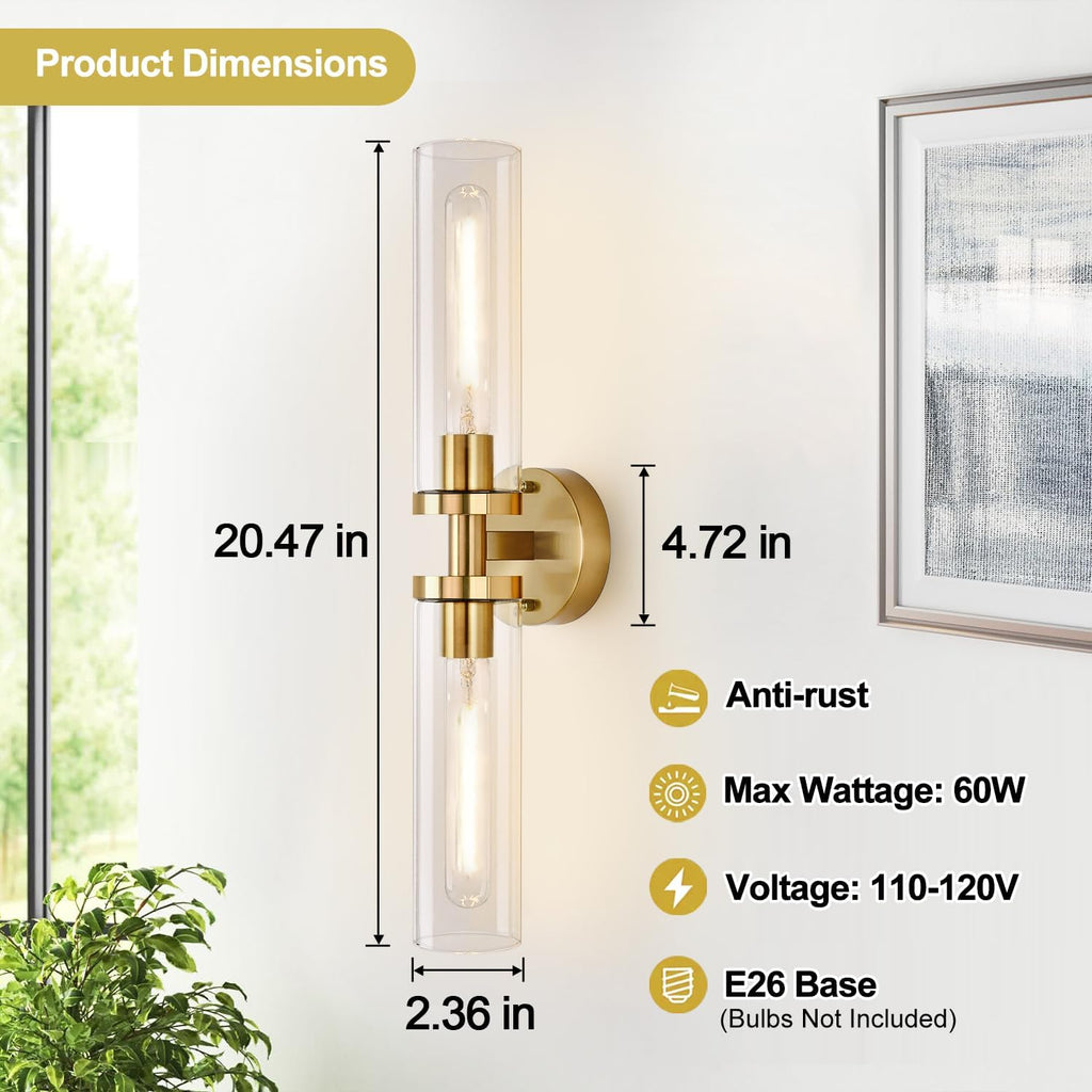 Brushed Gold Clear Glass Bathroom Wall Sconces 2 Pack
