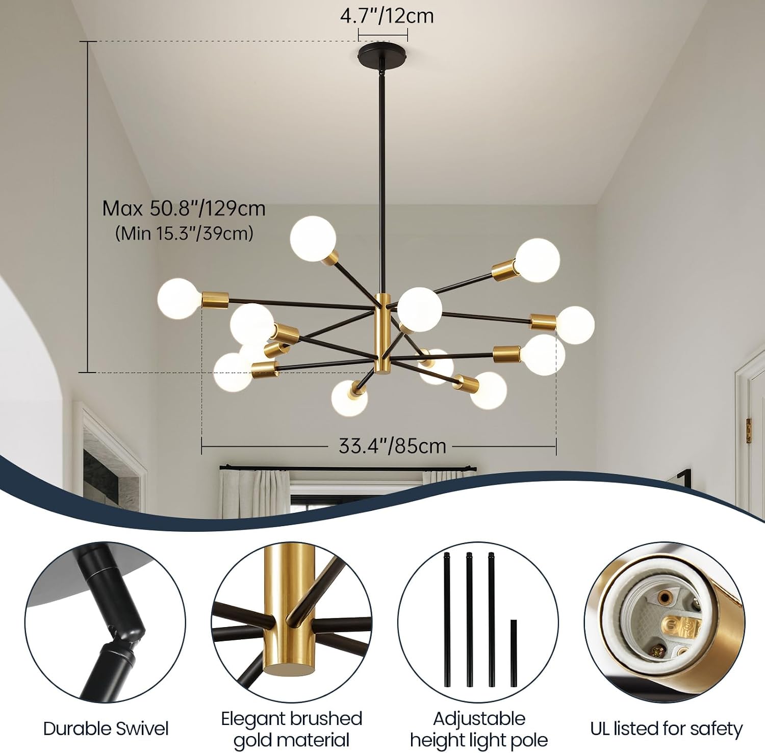 Gold Black Sputnik 12-Light Chandelier