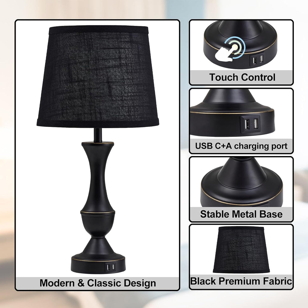 Black Touch USB Bedside Table Lamps 2 Pack