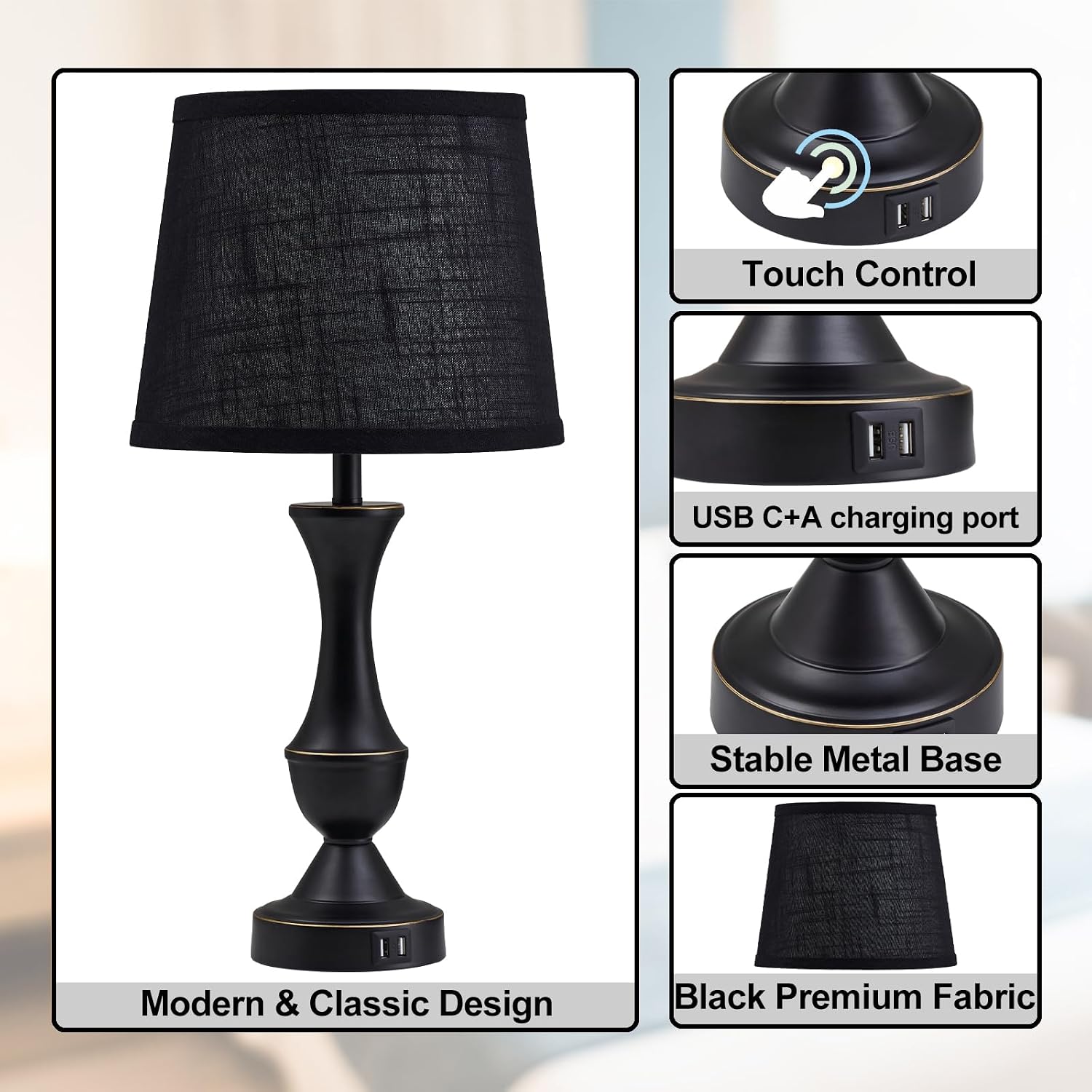 Black Touch USB Bedside Table Lamps 2 Pack