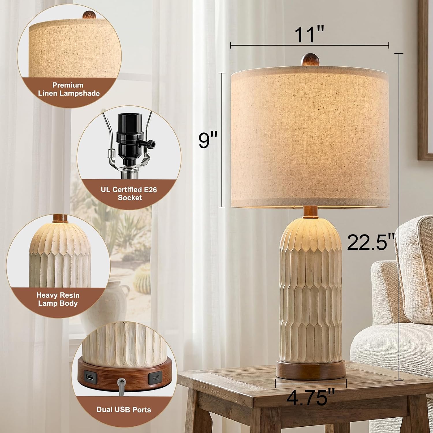 Farmhouse USB Charging Table Lamps 2 Pack