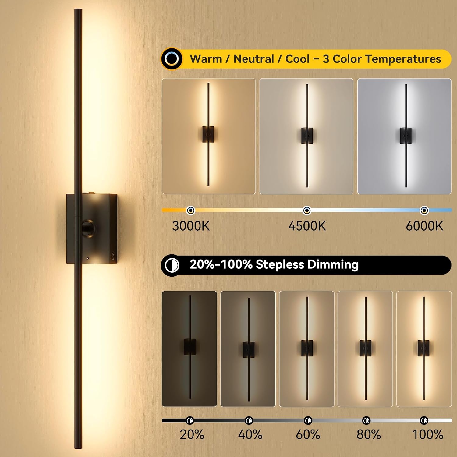 Black Rotatable Rechargeable Wall Sconces 2 Pack