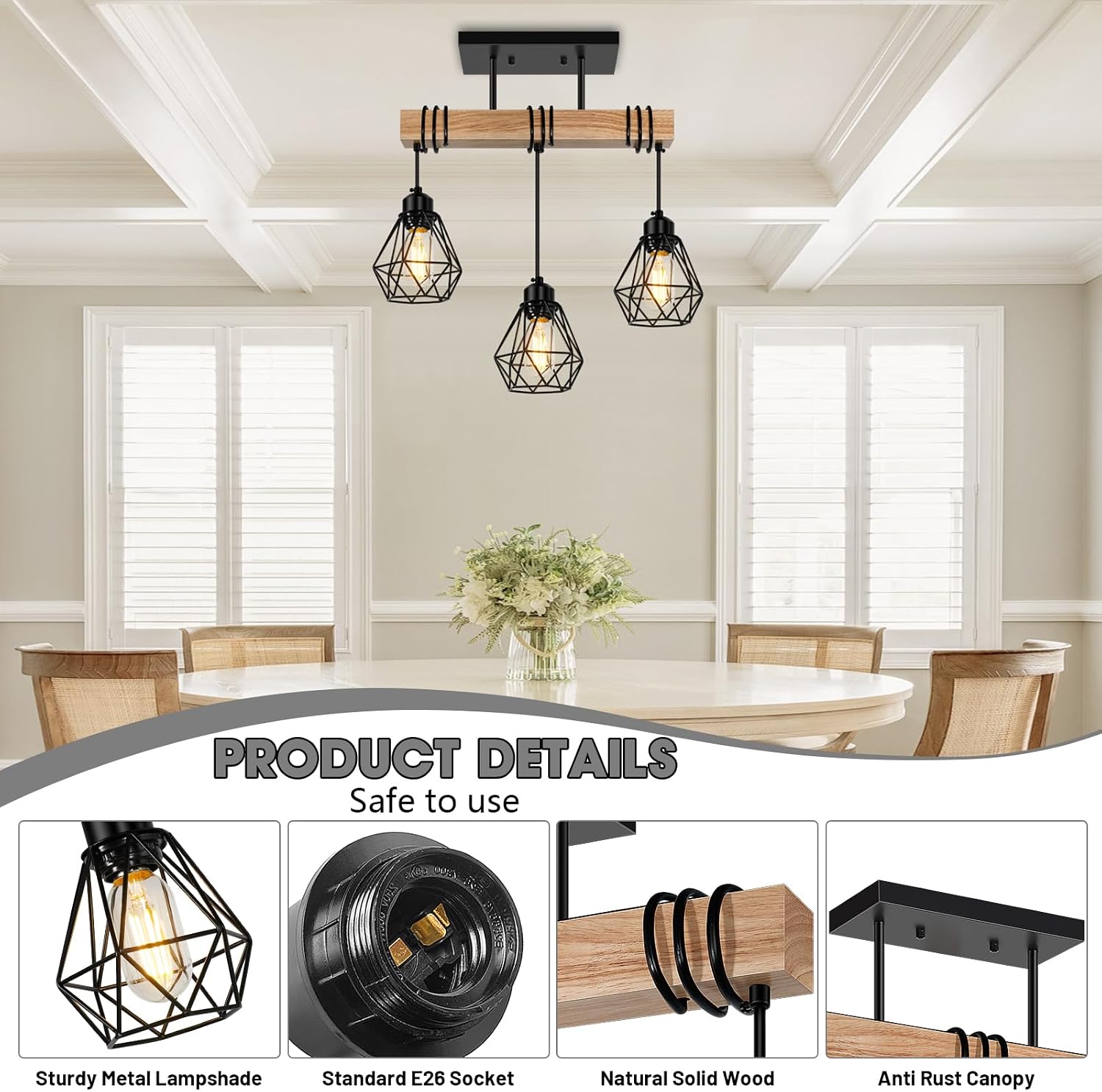 Wood Metal Farmhouse Pendant Light Fixture