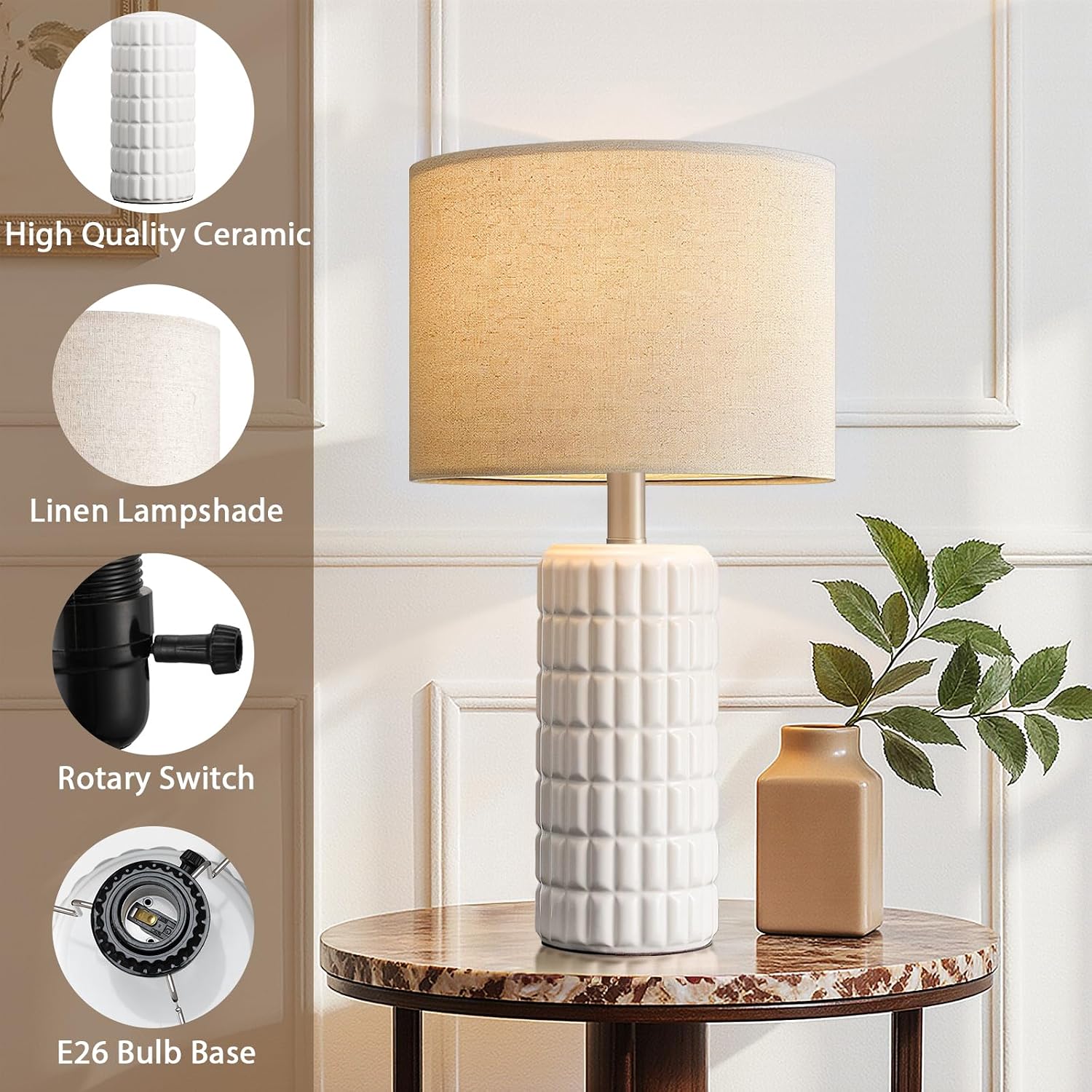 White Ceramic Farmhouse Table Lamps 2 Pack