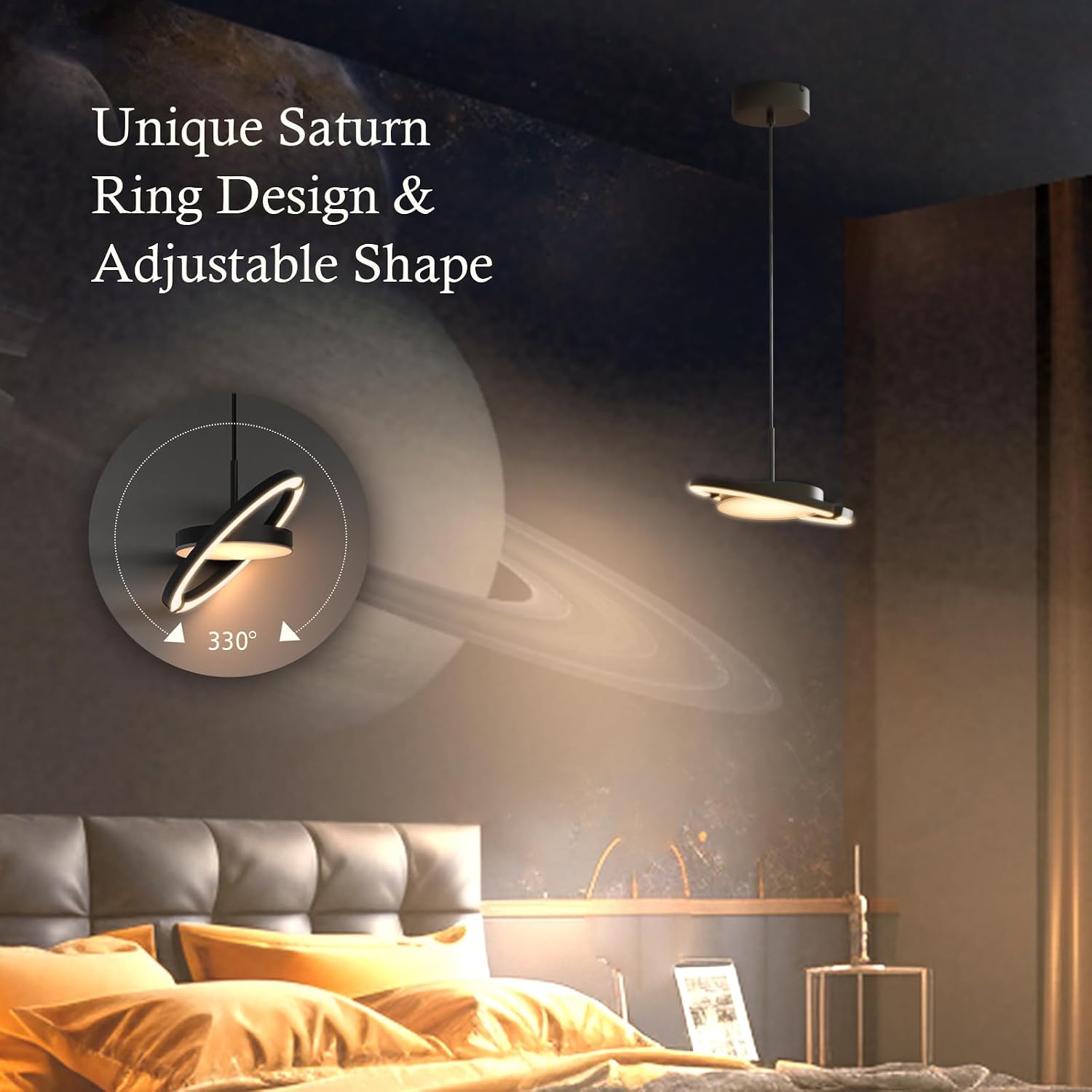 Black Dimmable Saturn Ring Pendant Light