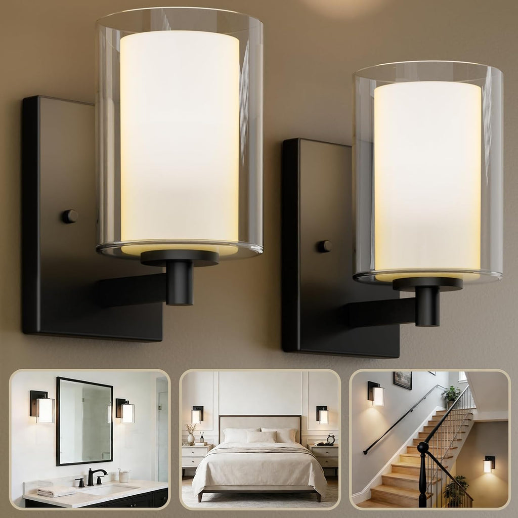 Matte Black Double Glass Bathroom Wall Sconces 2 Pack