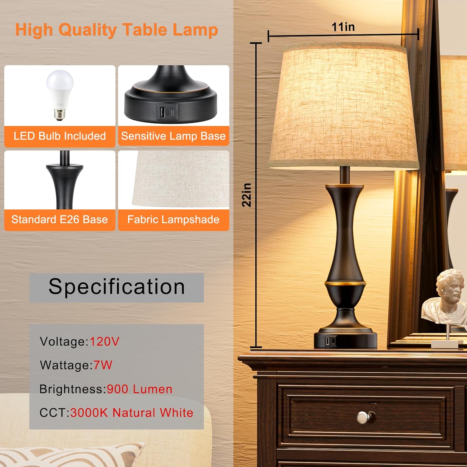 Touch Dimmable USB Table Lamps 2 Pack