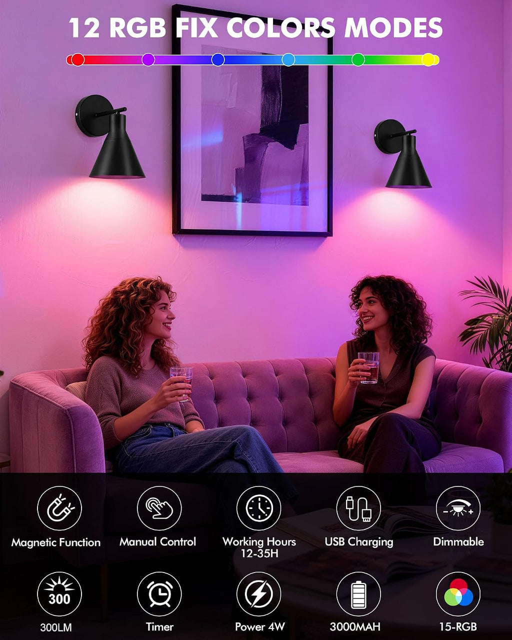 Black Rechargeable LED Wall Sconces 2 Pack