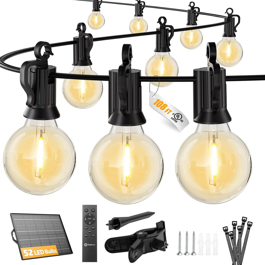 108FT Solar Remote Dimmable Patio String Lights