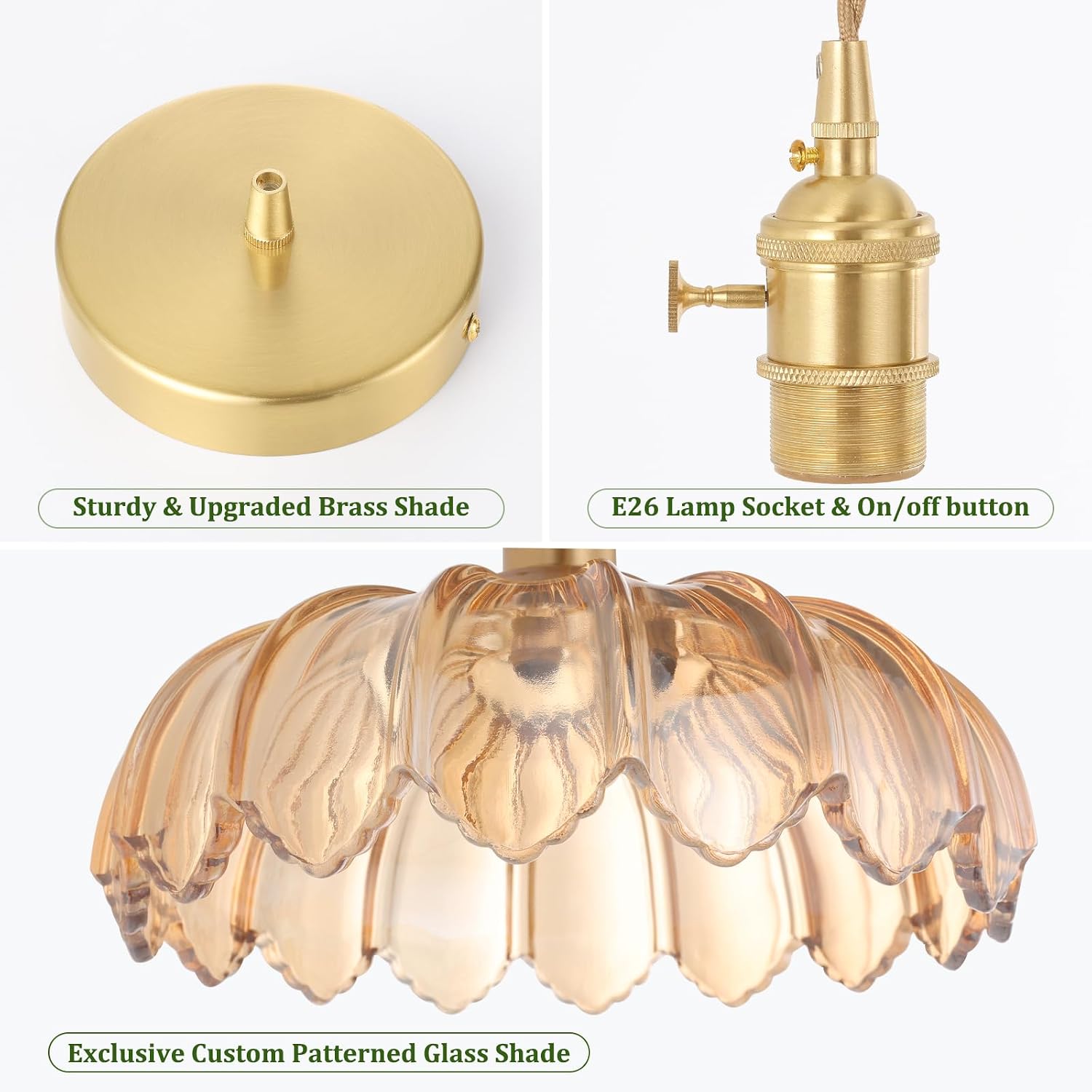 Brass Amber Glass Vintage Pendant Light