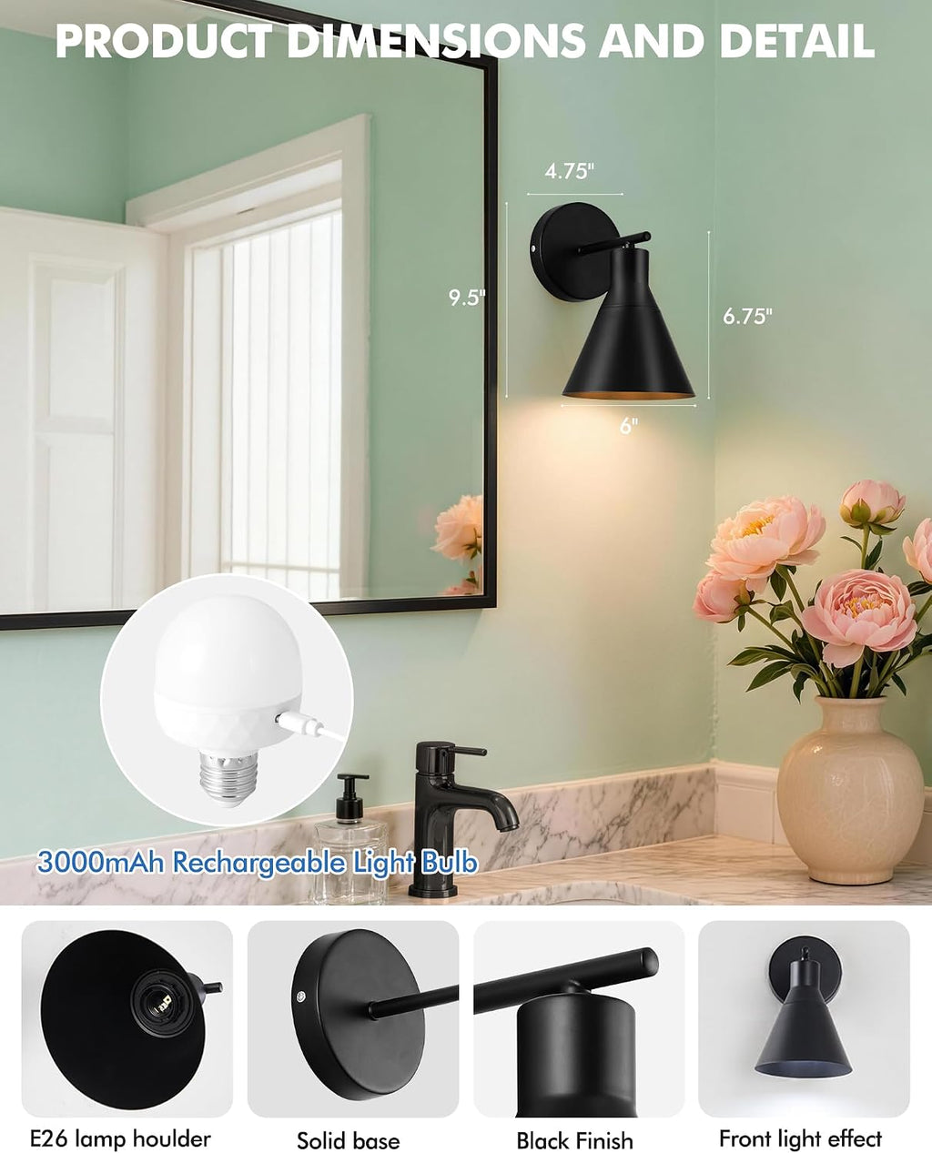 Black Rechargeable LED Wall Sconces 2 Pack