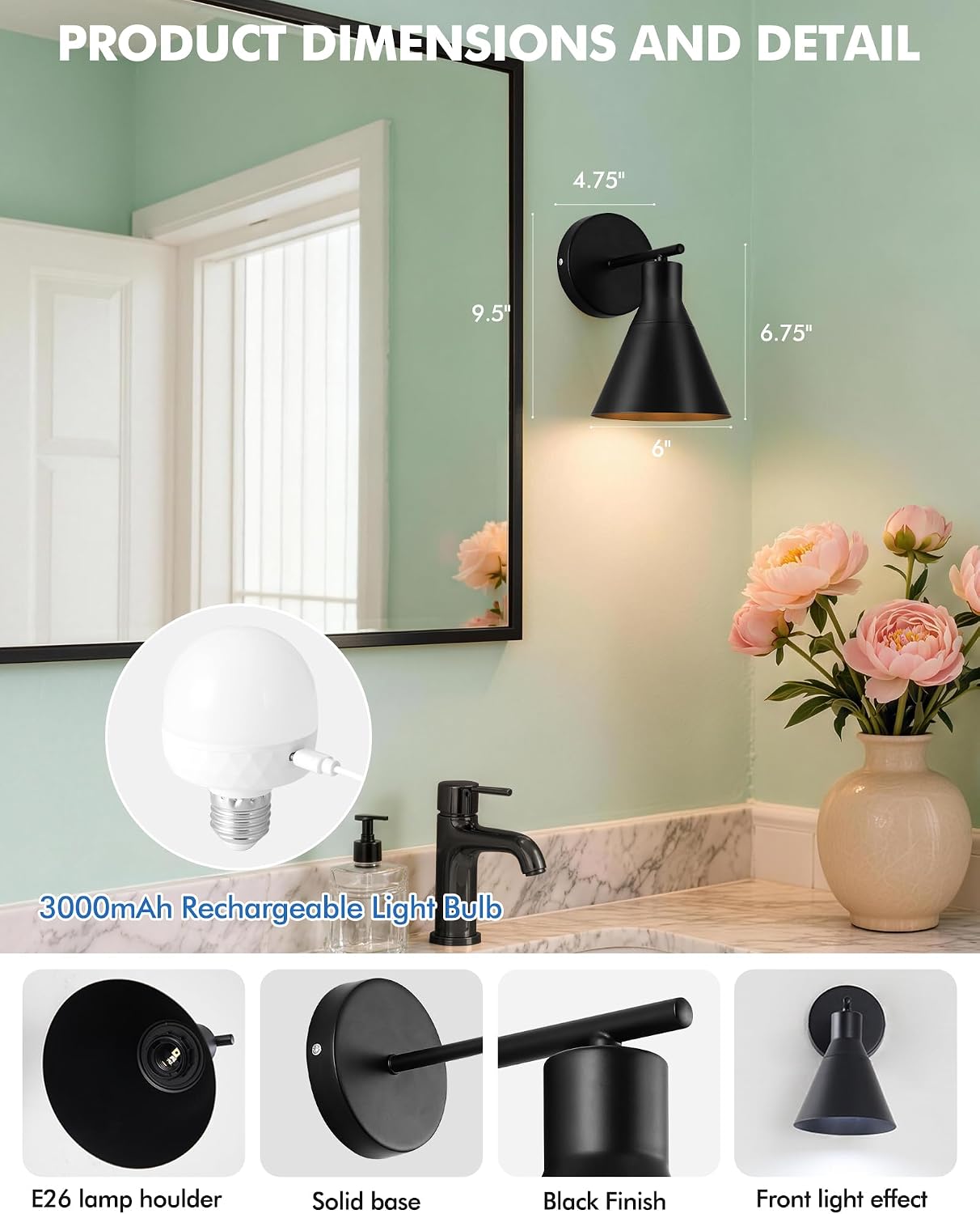 Black Rechargeable LED Wall Sconces 2 Pack