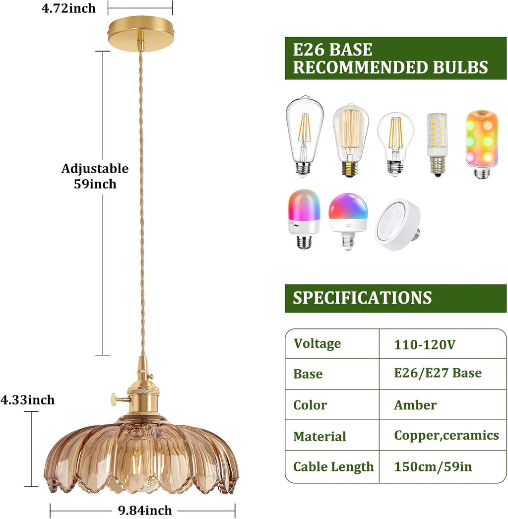 Brass Amber Glass Vintage Pendant Light
