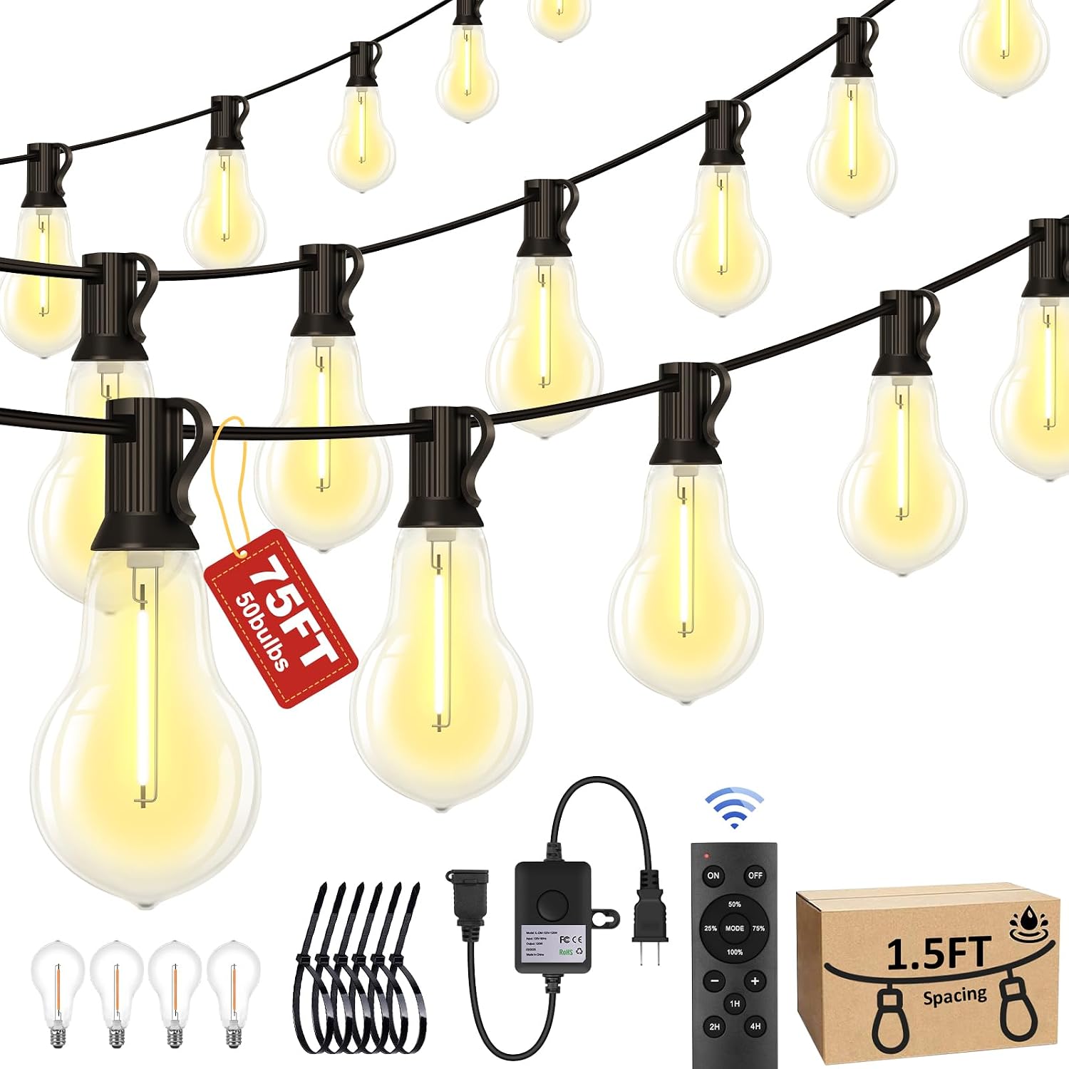 75FT Remote Dimmable Commercial Patio String Lights