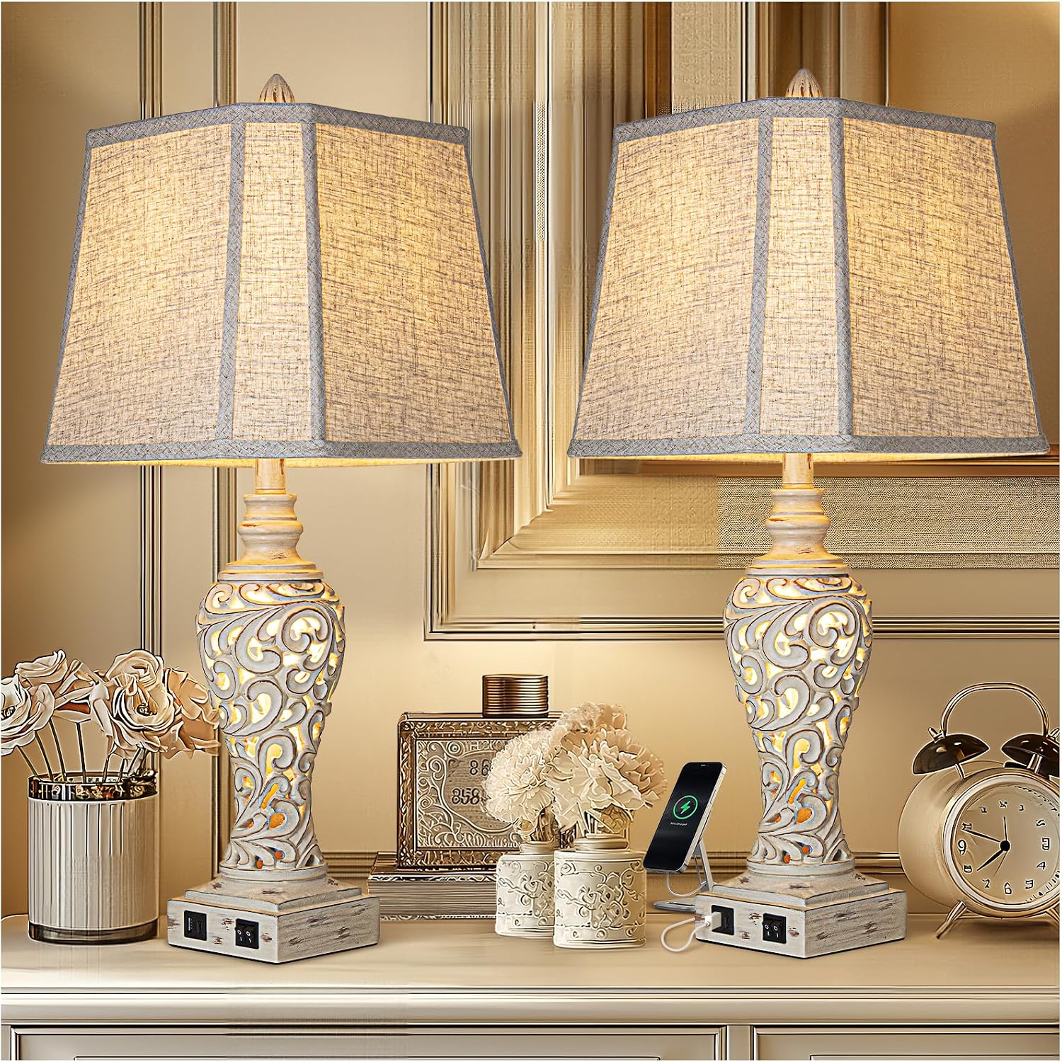 USB Fabric Shade Table Lamps 2 Pack