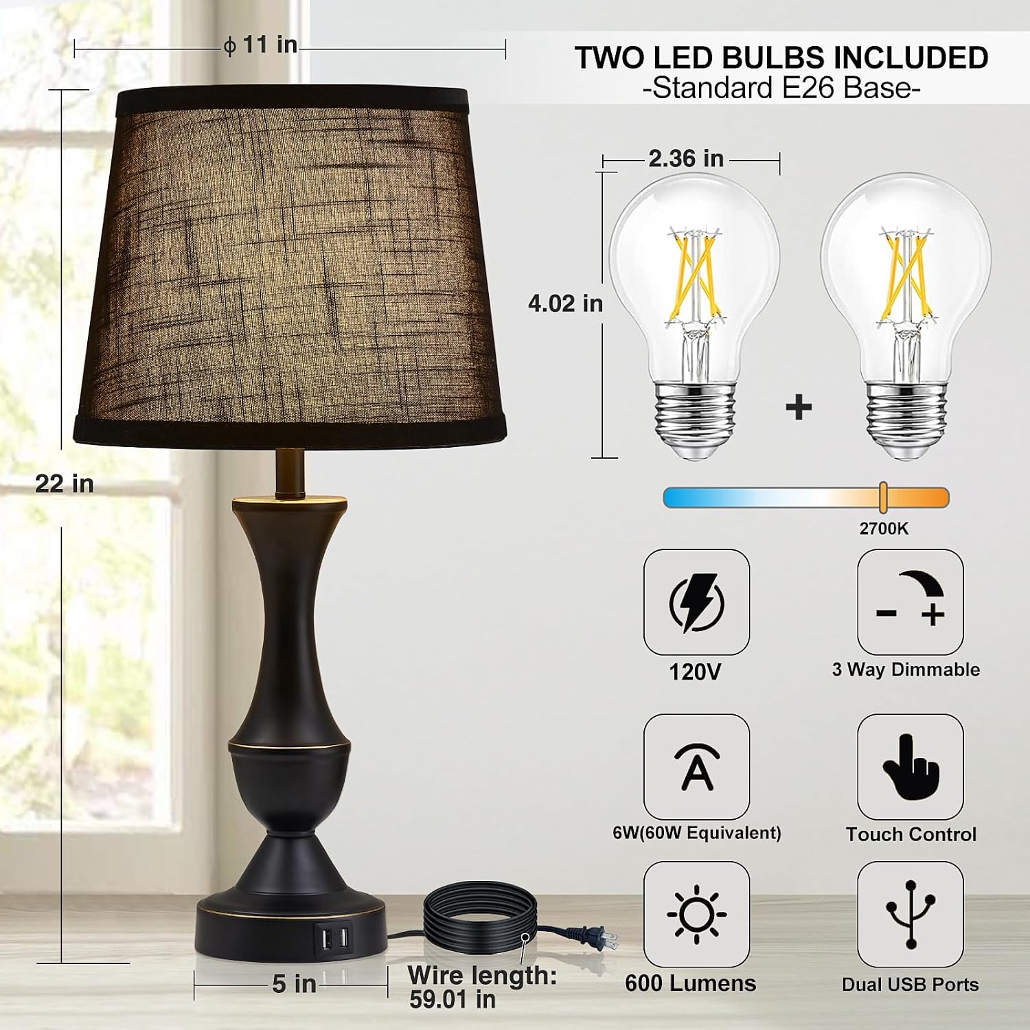 Black Touch USB Bedside Table Lamps 2 Pack