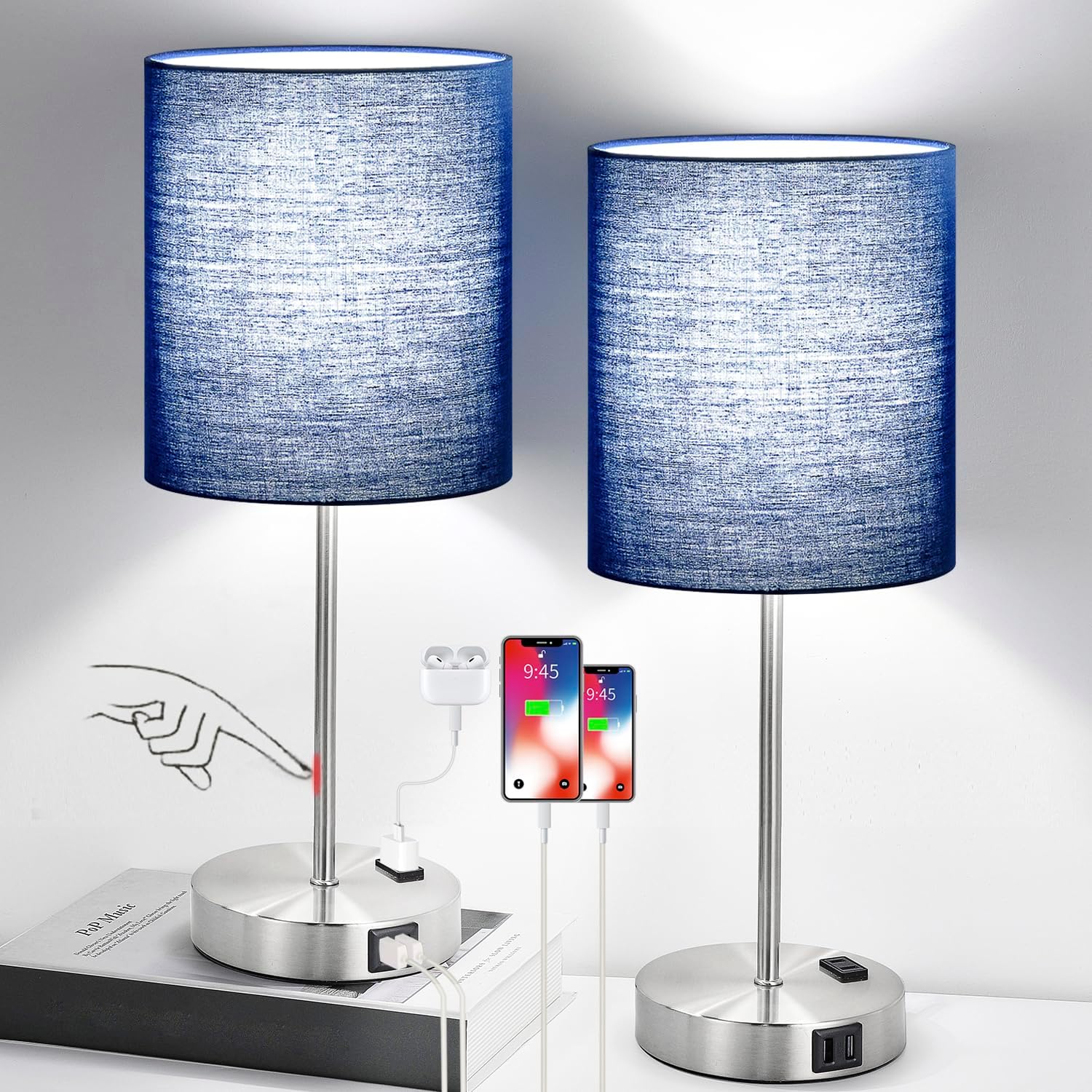 Touch USB AC Outlet Dimmable Table Lamps 2 Pack