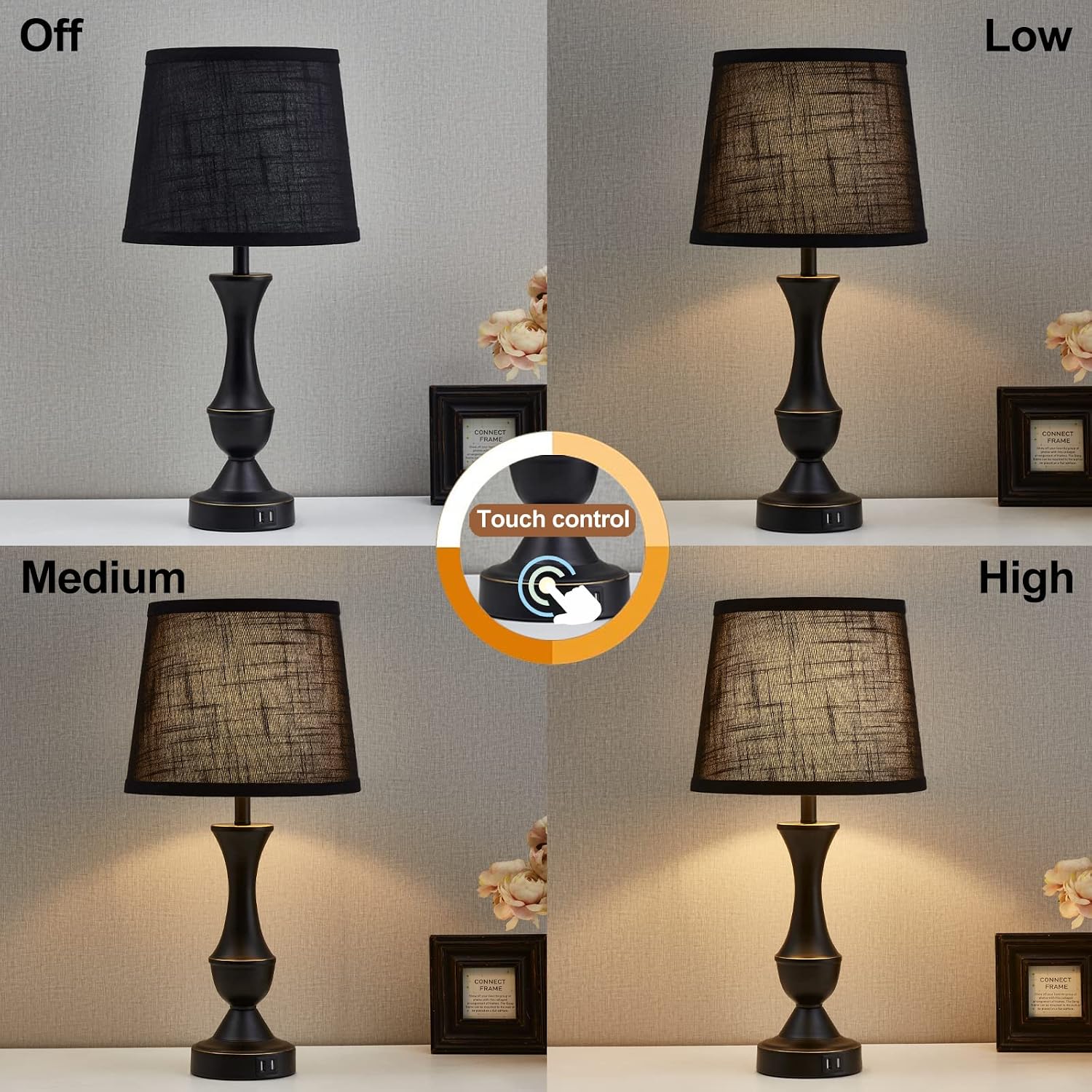 Black Touch USB Bedside Table Lamps 2 Pack