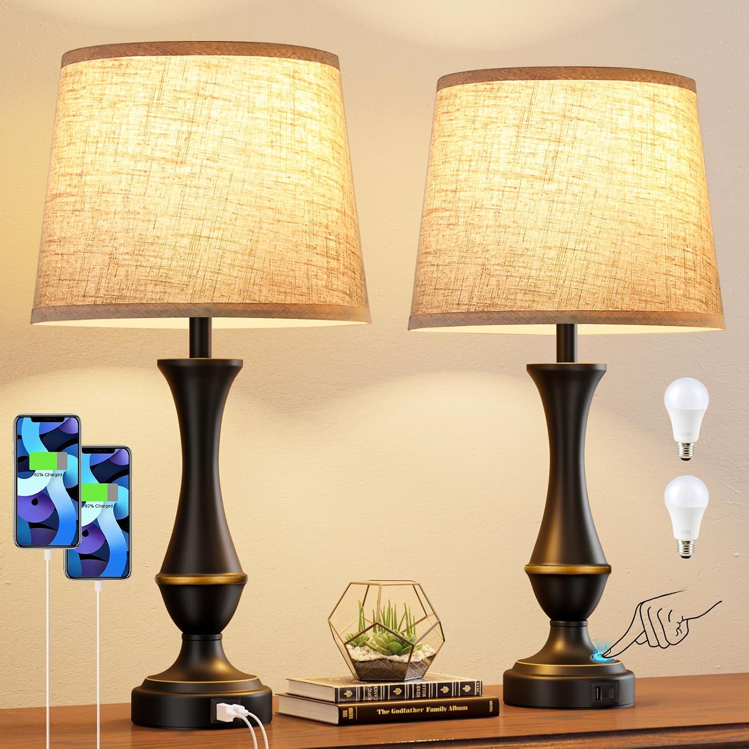 Touch Dimmable USB Table Lamps 2 Pack