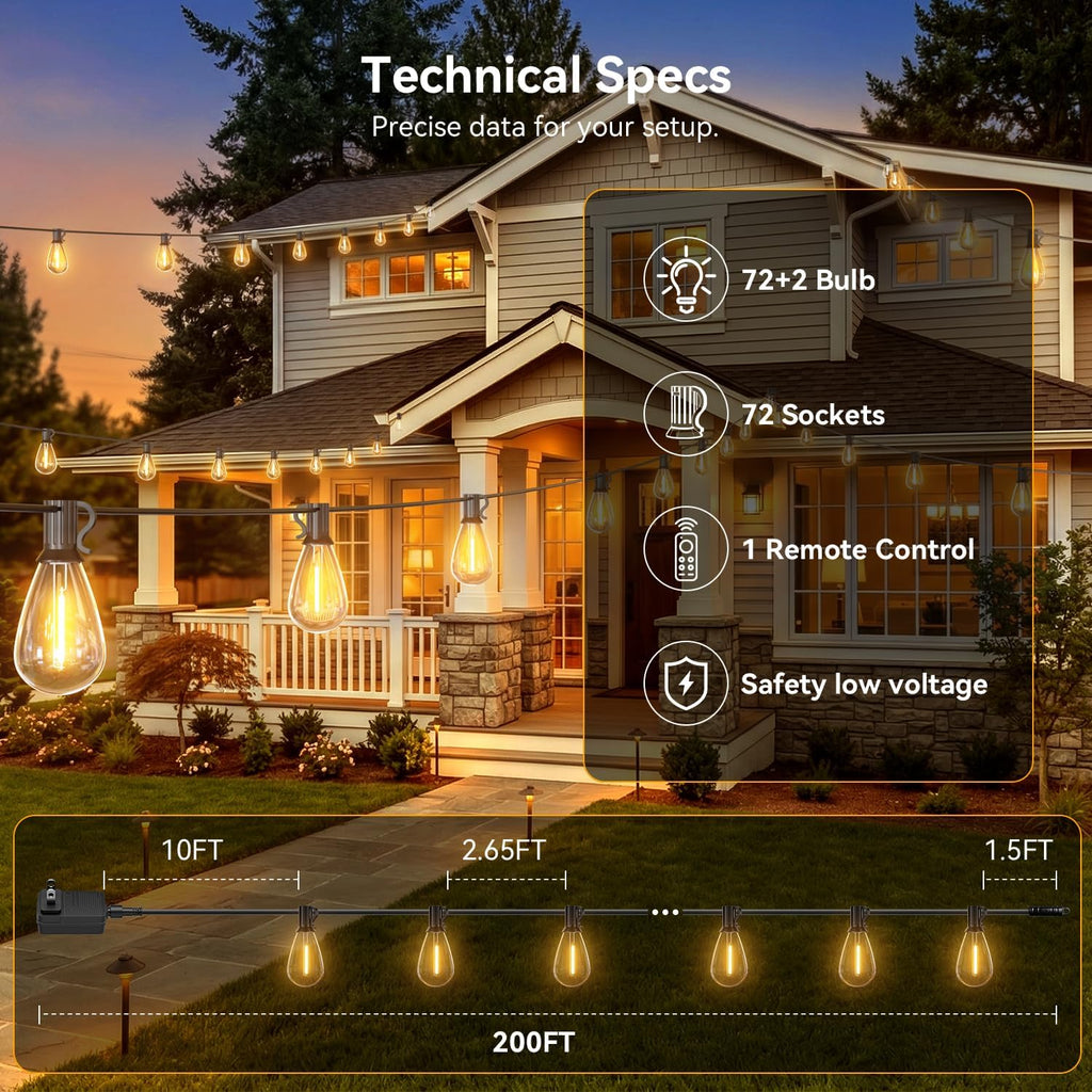 200FT Remote Dimmable Patio String Lights