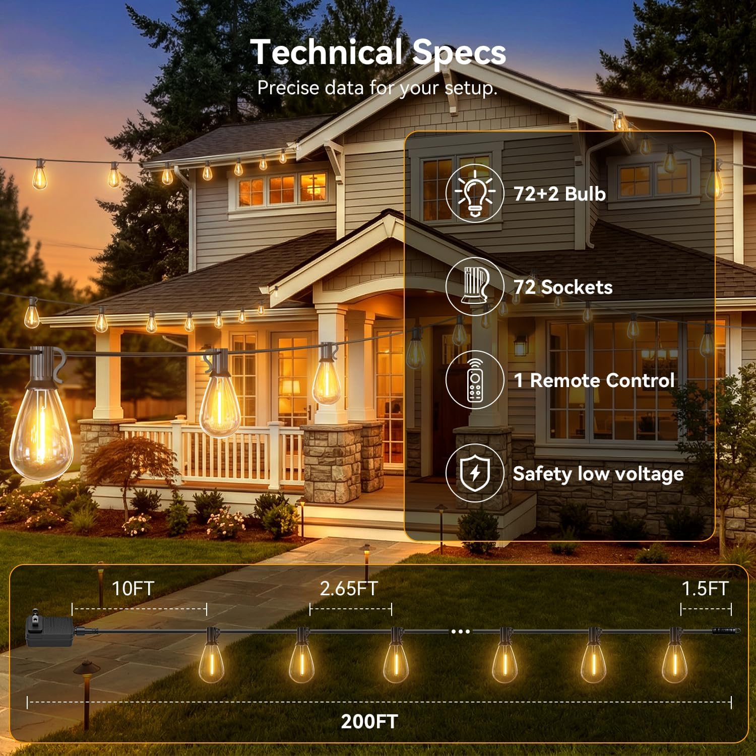 200FT Remote Dimmable Patio String Lights