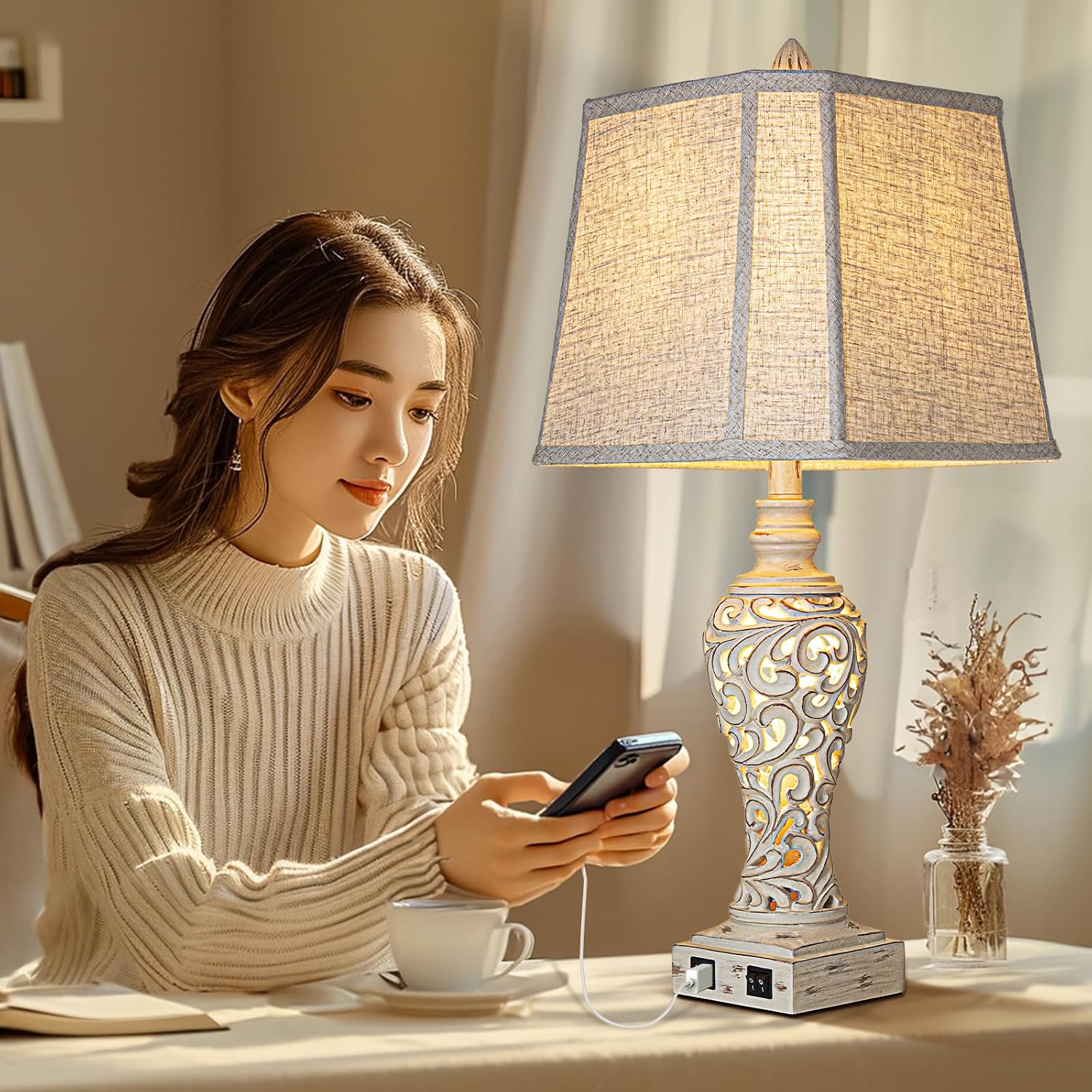 USB Fabric Shade Table Lamps 2 Pack