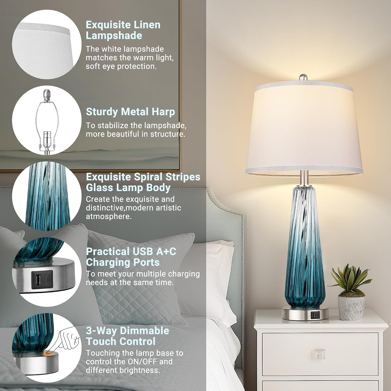 Touch USB Glass Table Lamps 2 Pack