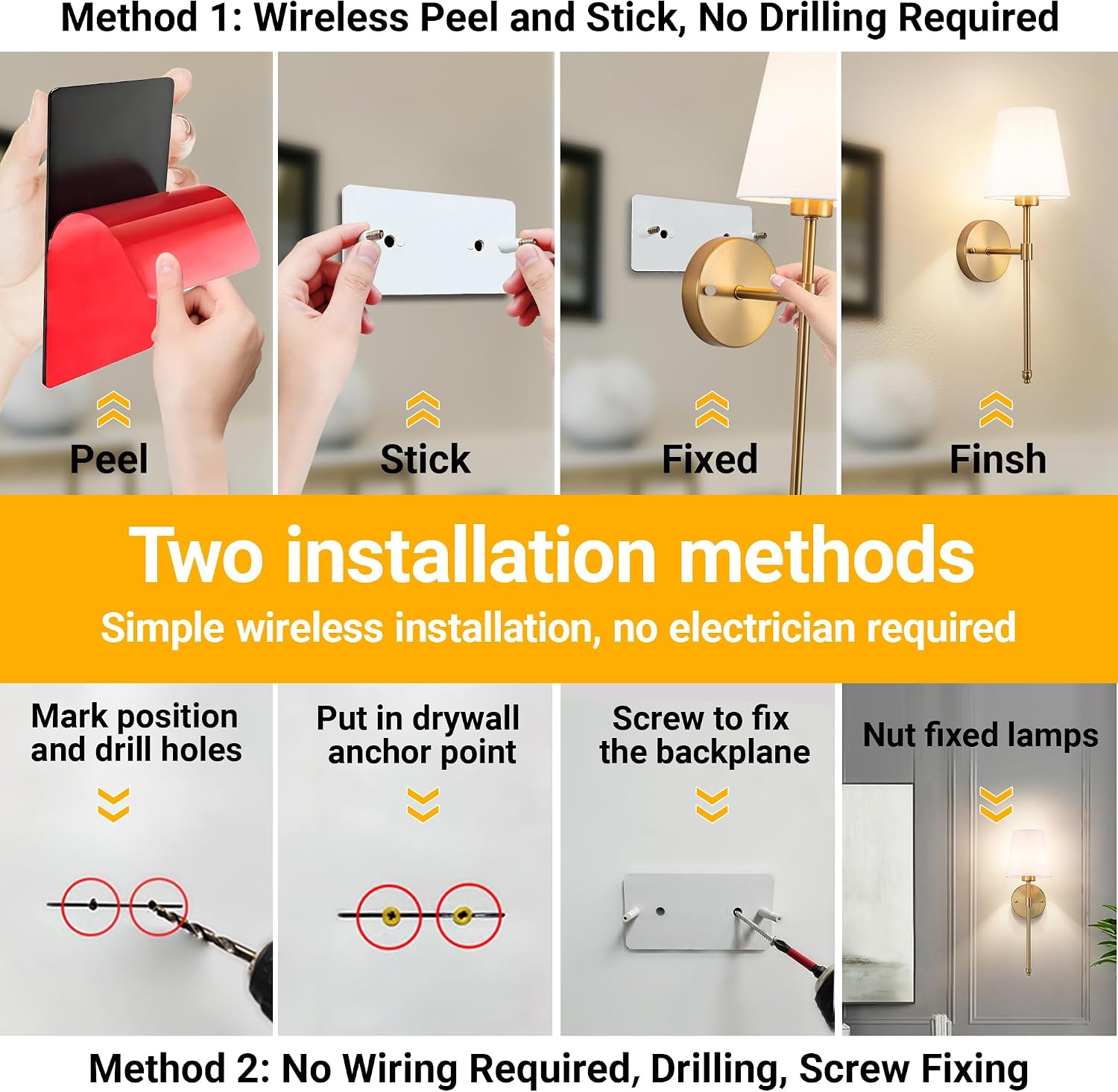 Wireless Stick-On Wall Sconces 2 Pack