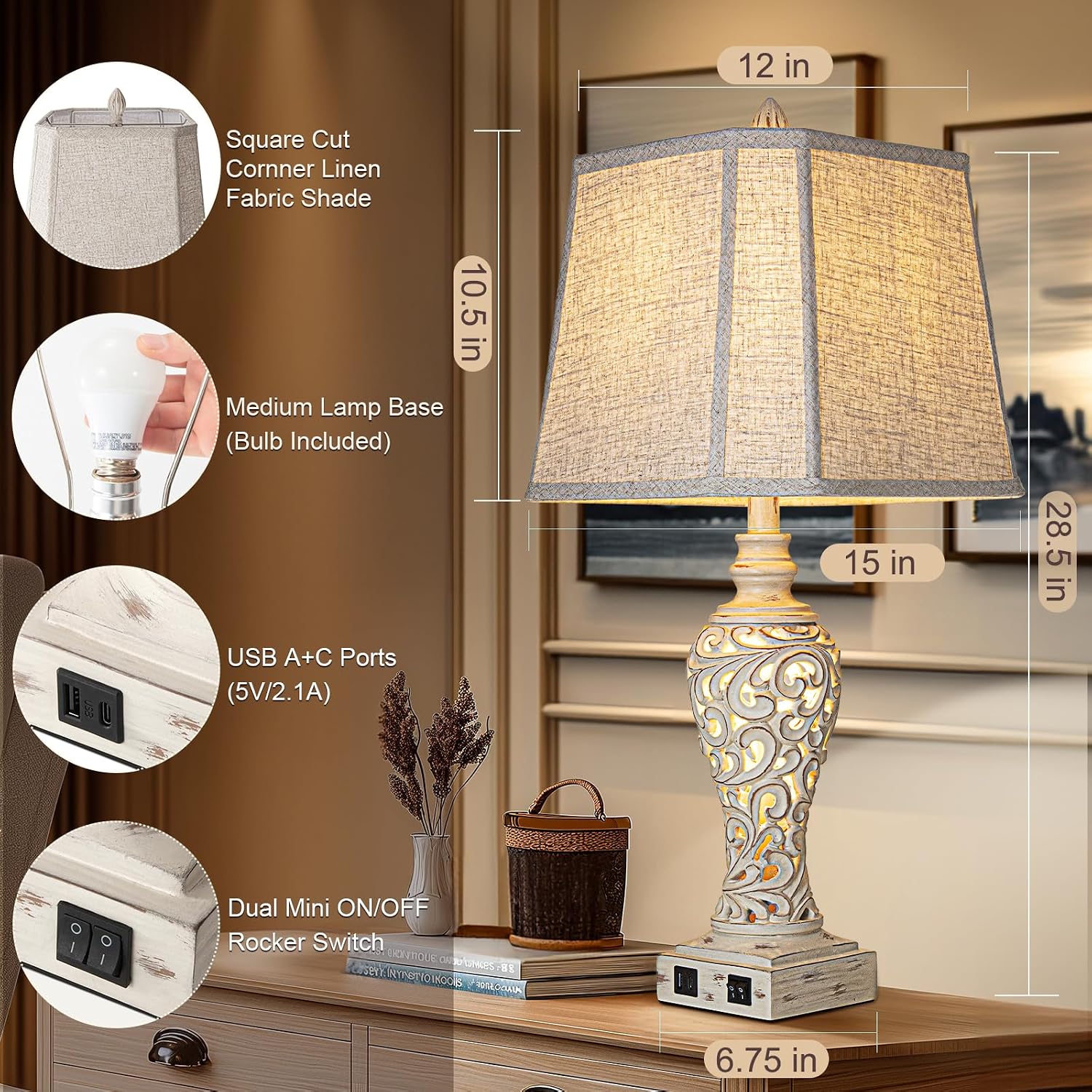 USB Fabric Shade Table Lamps 2 Pack