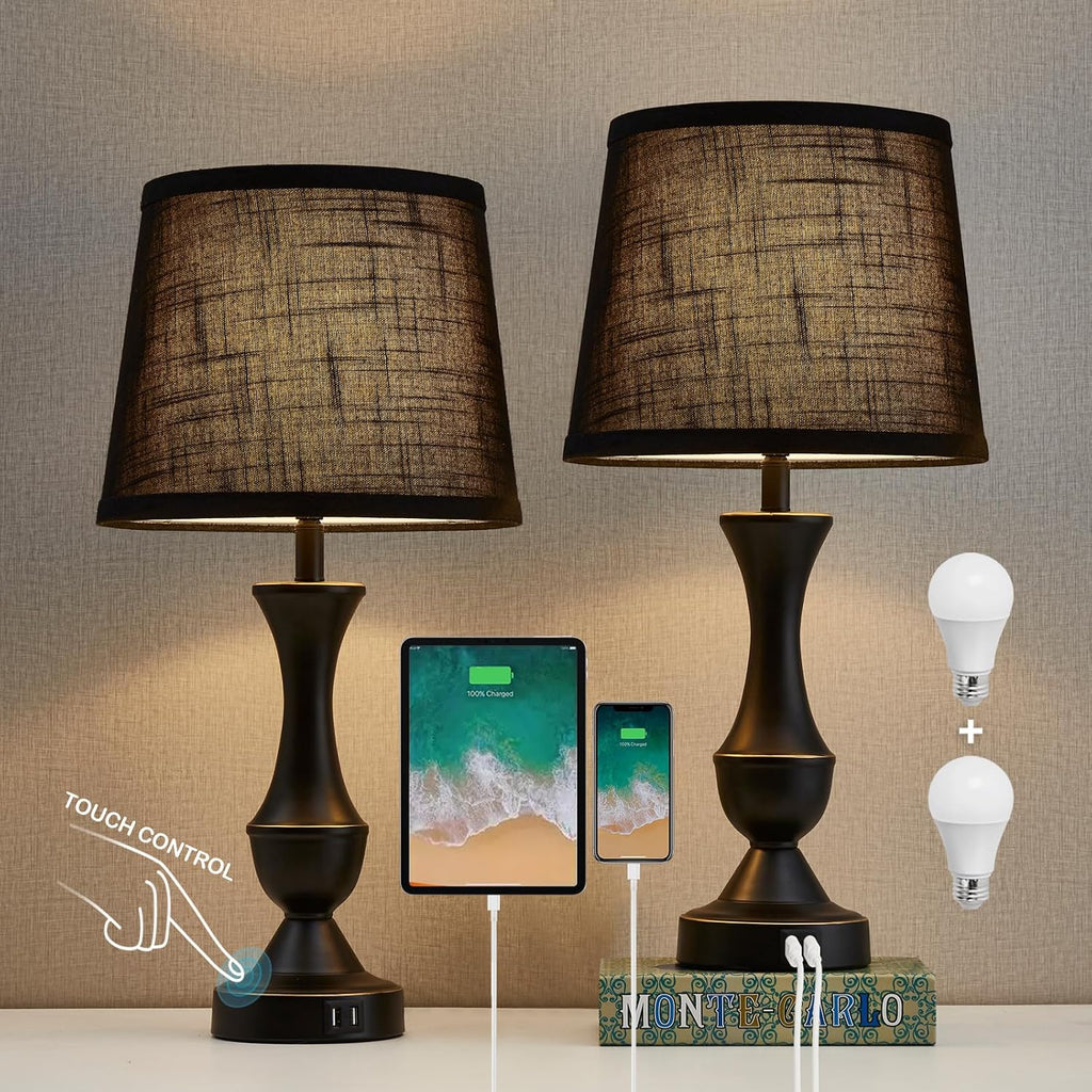 Black Touch USB Bedside Table Lamps 2 Pack