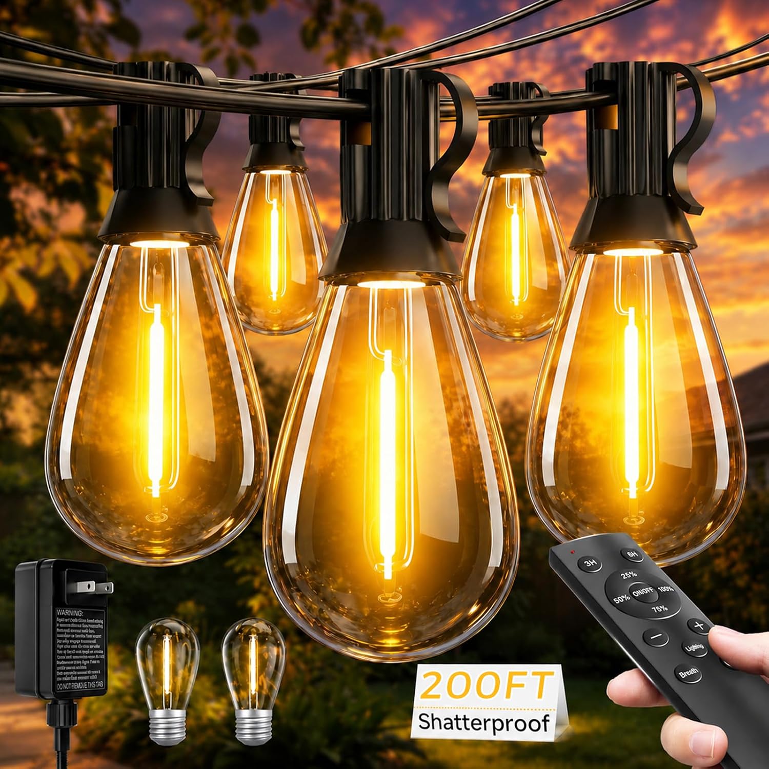200FT Remote Dimmable Timing Outdoor Patio String Lights